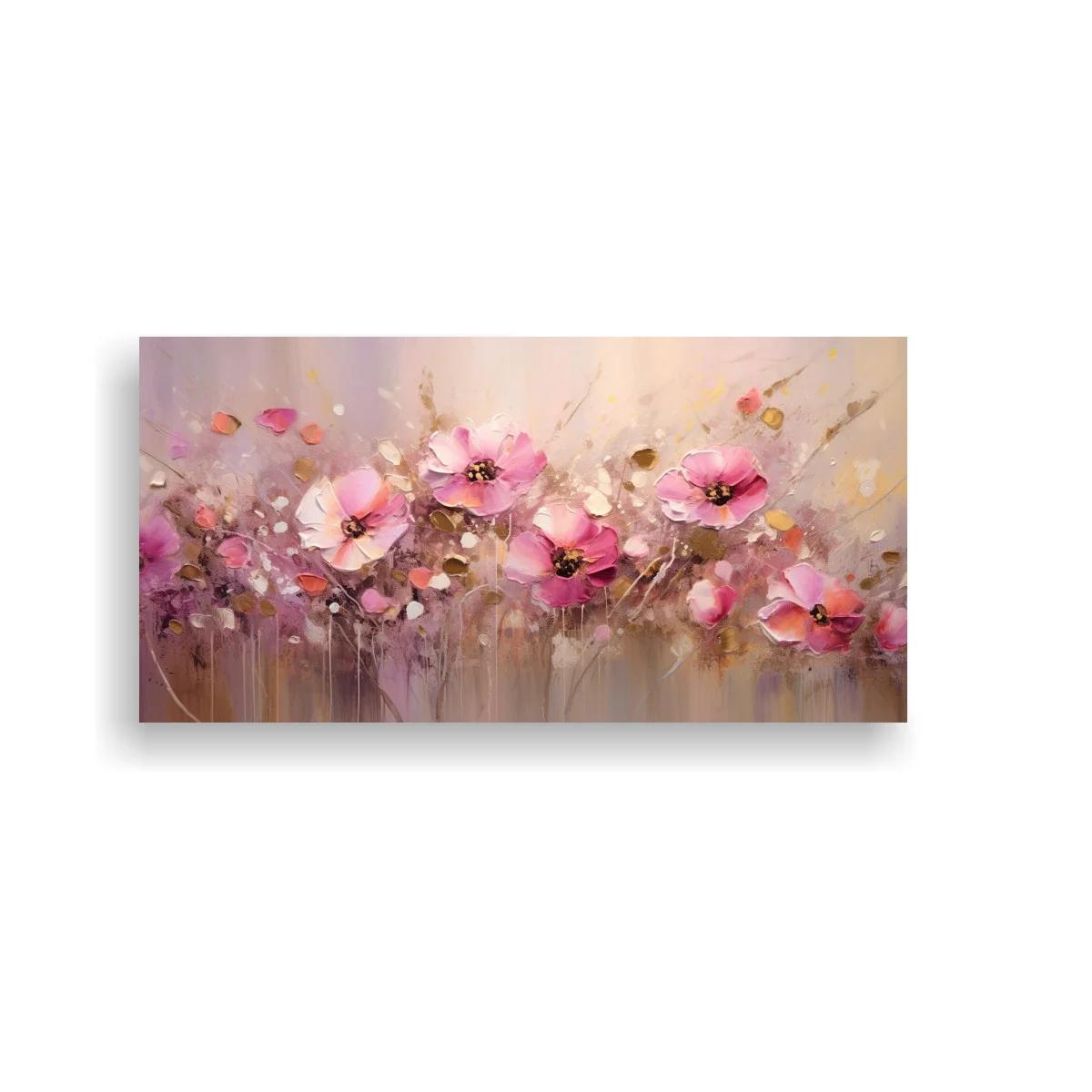 Cuadro flores rosadas con franja horizontal y salpicaduras — imagen principal