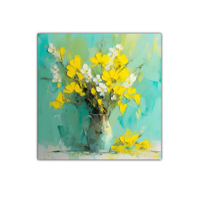 Cuadro flores amarillas sobre fondo turquesa vibrante