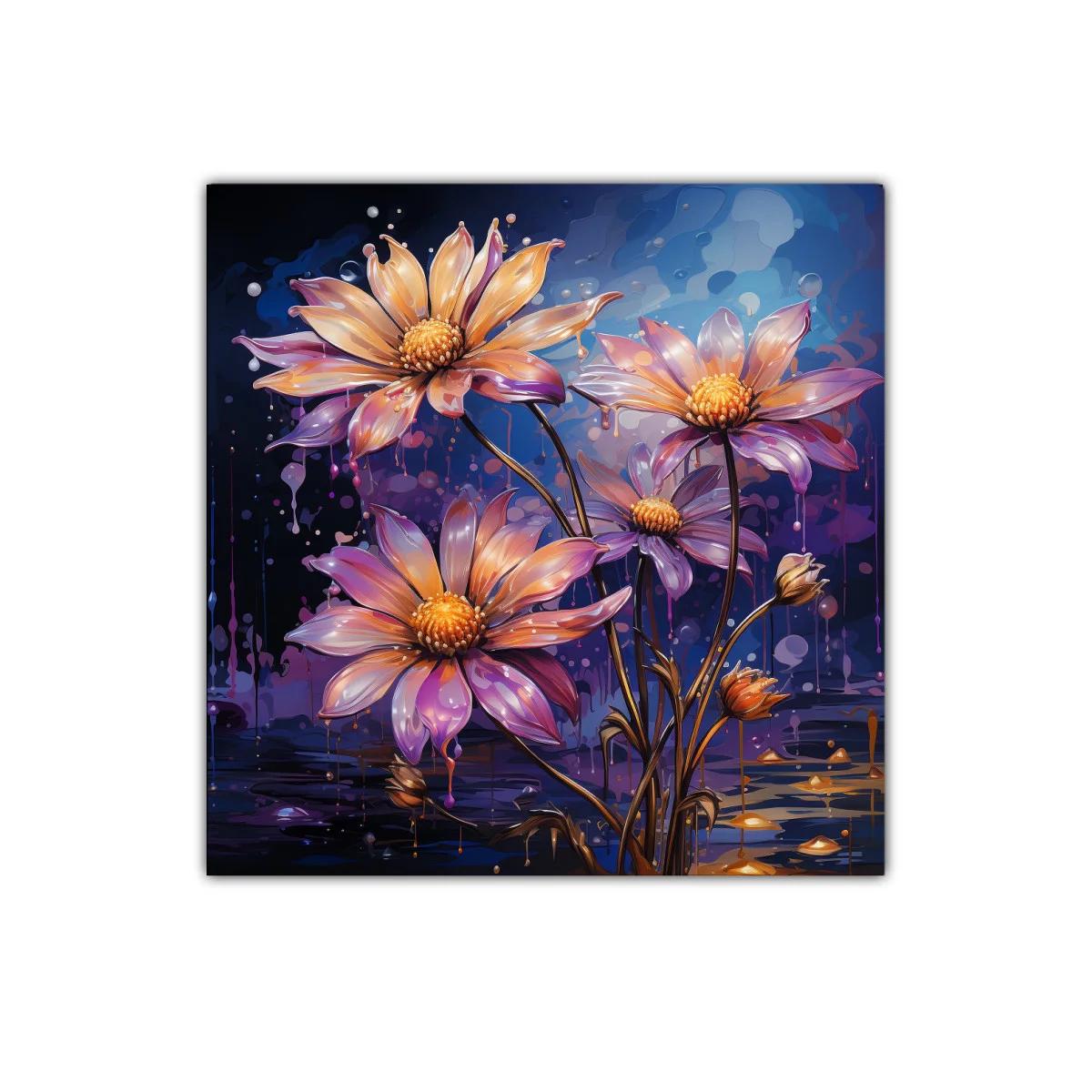 Cuadro decorativo con flores luminosas sobre fondo azul — imagen principal