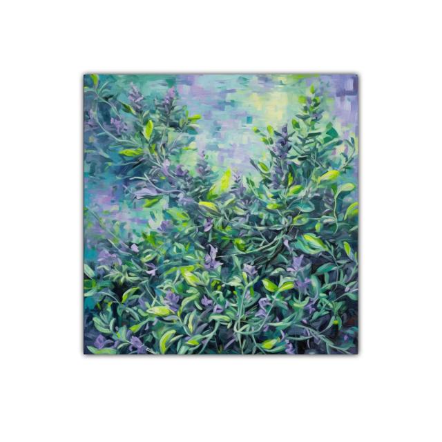 Cuadro decorativo con follaje y flores en tonos verdes y lilas