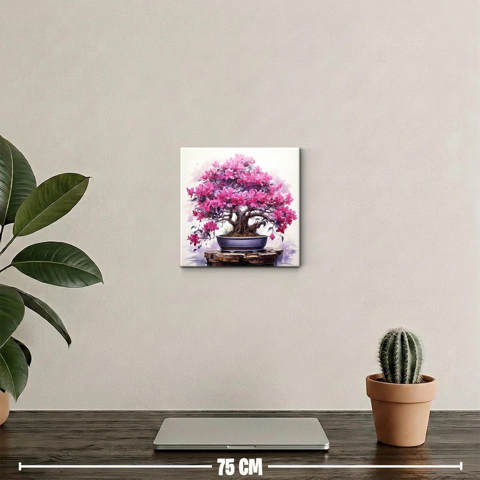 Cuadro decorativo con bonsái de flores rosadas vibrantes — miniatura 2