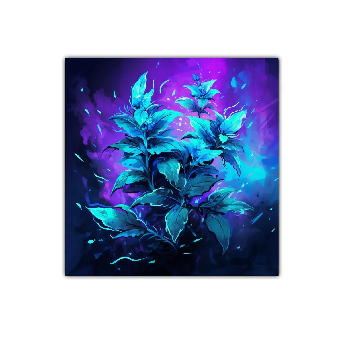 Cuadro decorativo con vibrantes hojas azules sobre fondo violeta — imagen principal