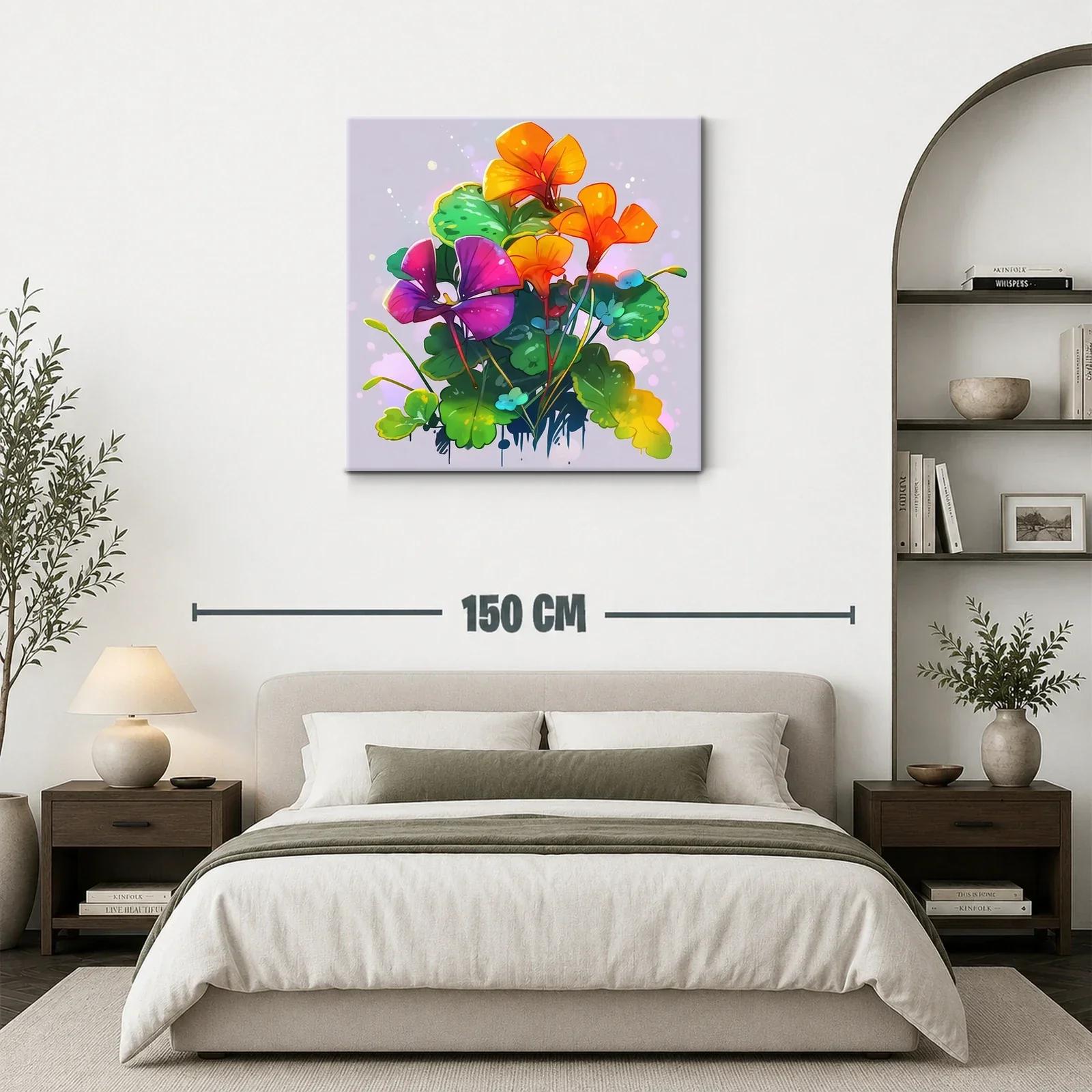 Cuadro floral vibrante con tonos naranjas y púrpuras — miniatura 3