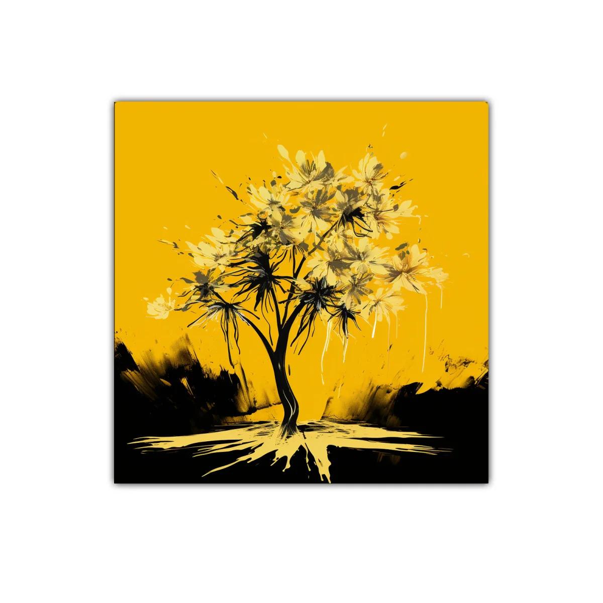 Árbol abstracto con flores amarillas sobre fondo vibrante