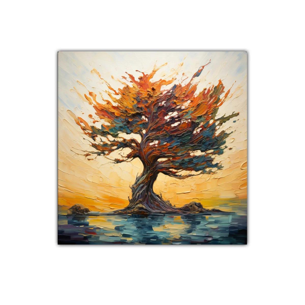 Árbol vibrante en paisaje de tonos cálidos y agua reflejada
