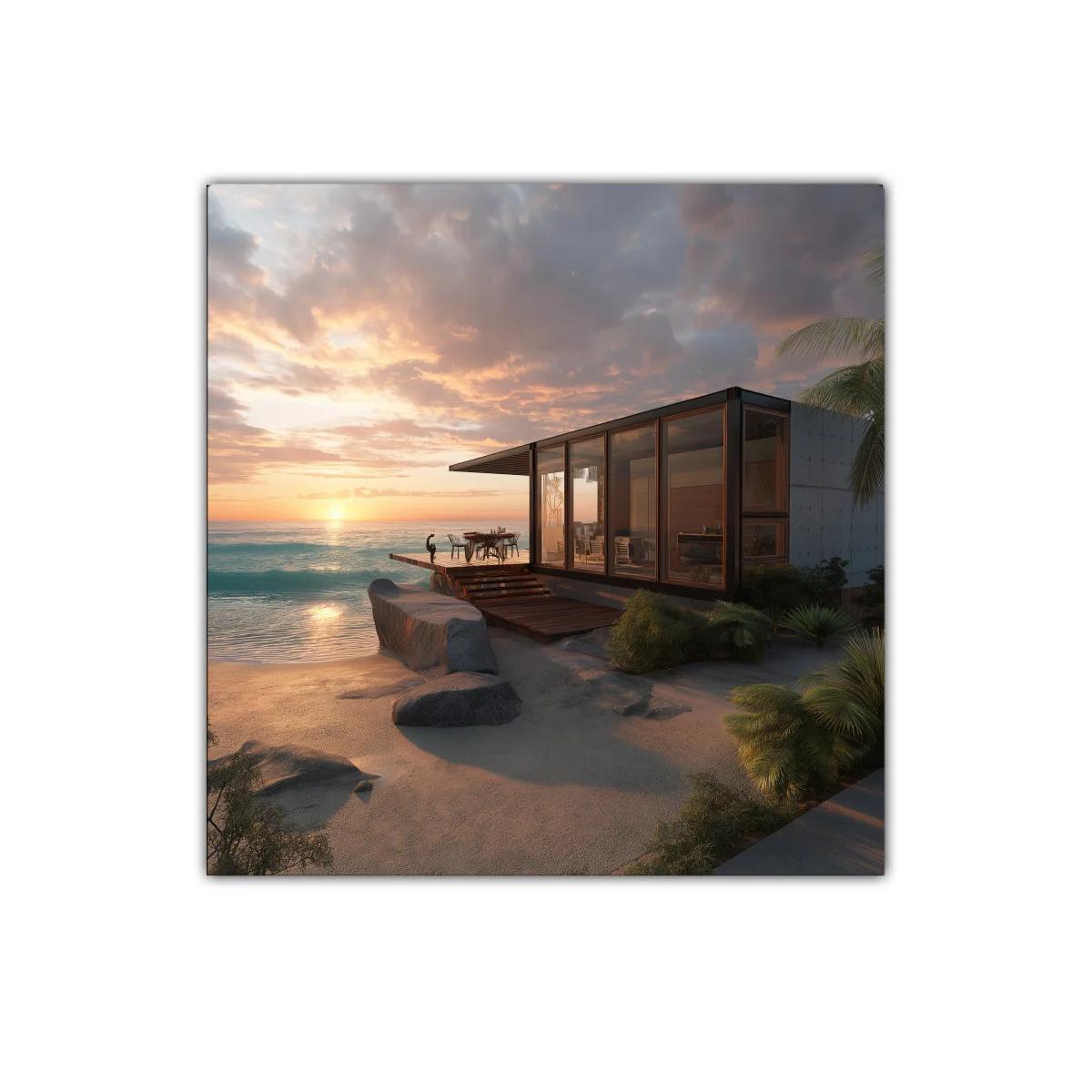 Atardecer frente al mar con casa moderna y paisaje natural — imagen principal