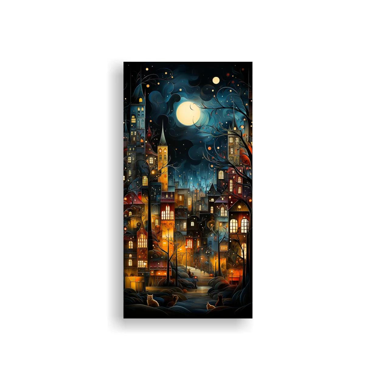 Cuadro ciudad nocturna fantástica con luna grande