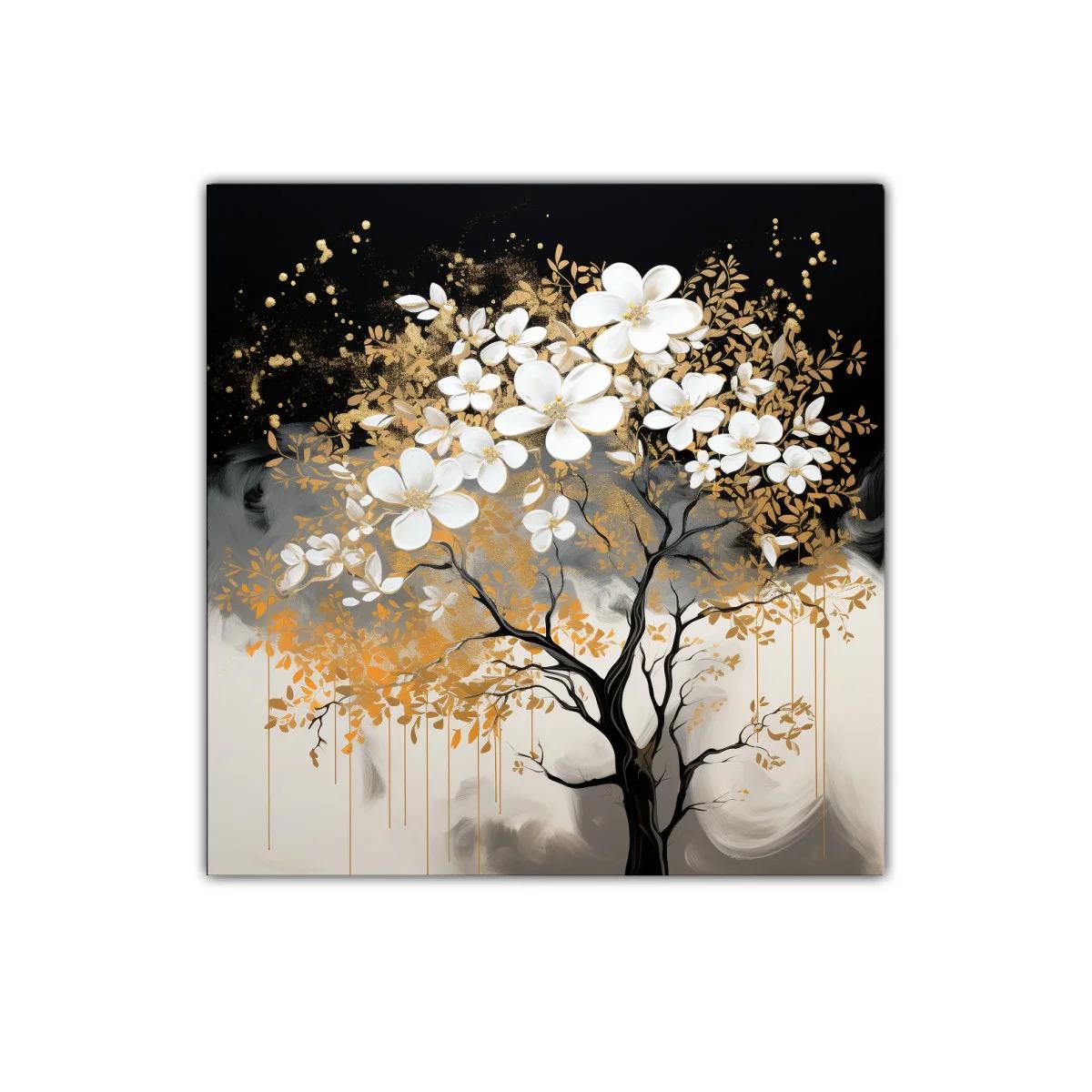 Árbol con Flores Blancas y Detalles Dorados en Fondo Oscuro — imagen principal