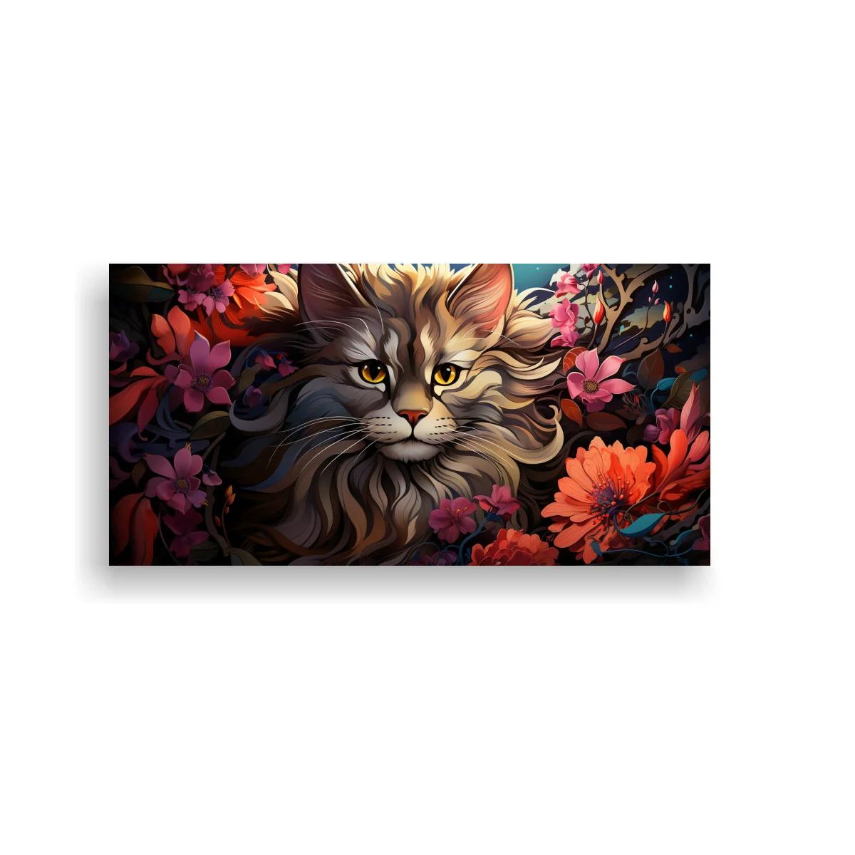Cuadro gato de pelo largo entre flores rosadas