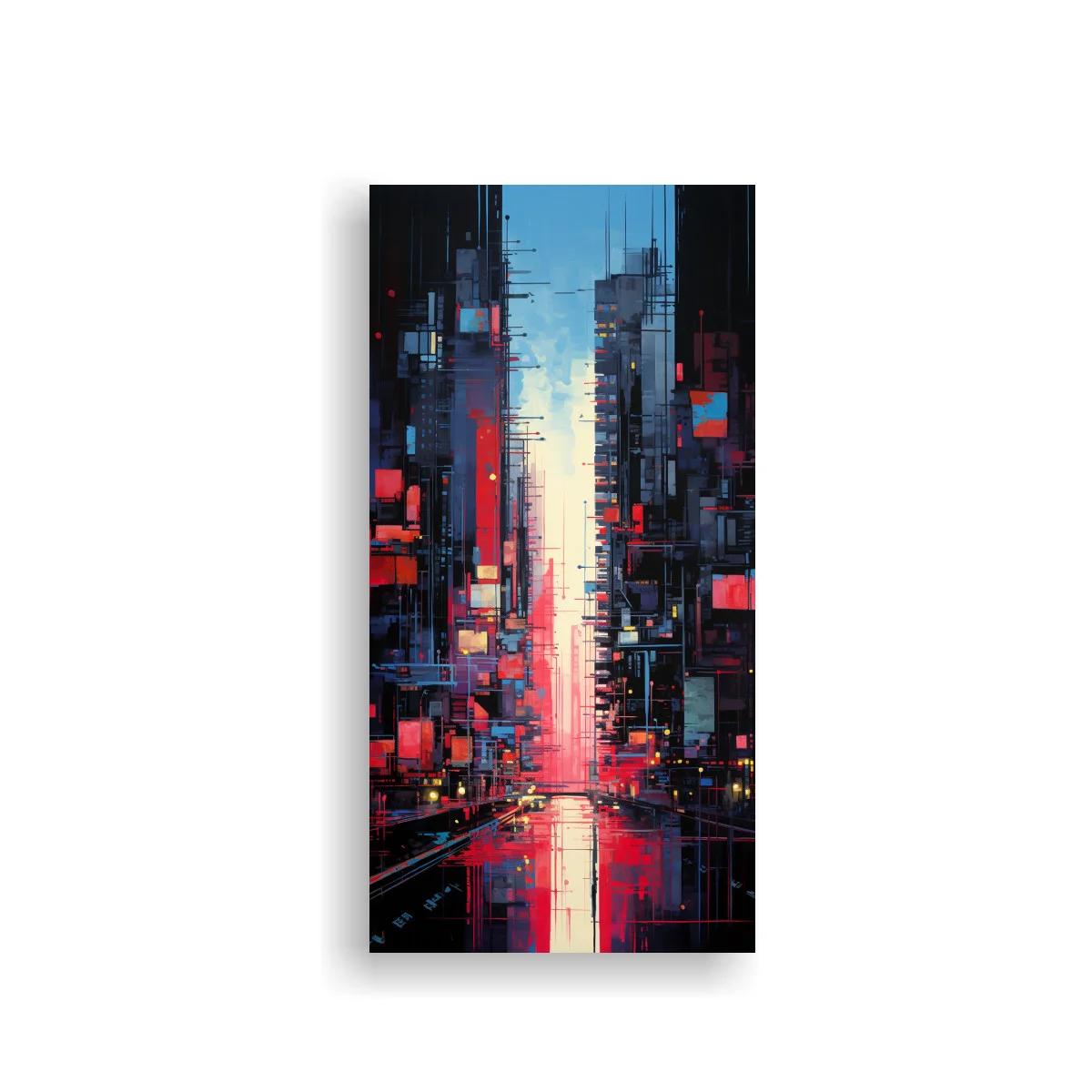 Cuadro ciudad futurista con corredor de luz rojo y azul