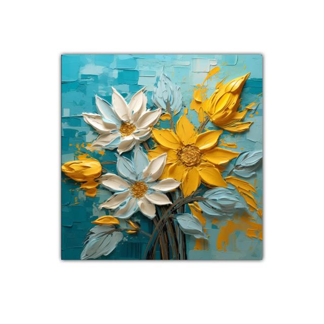 Cuadro floral vibrante con tonos amarillos y azules
