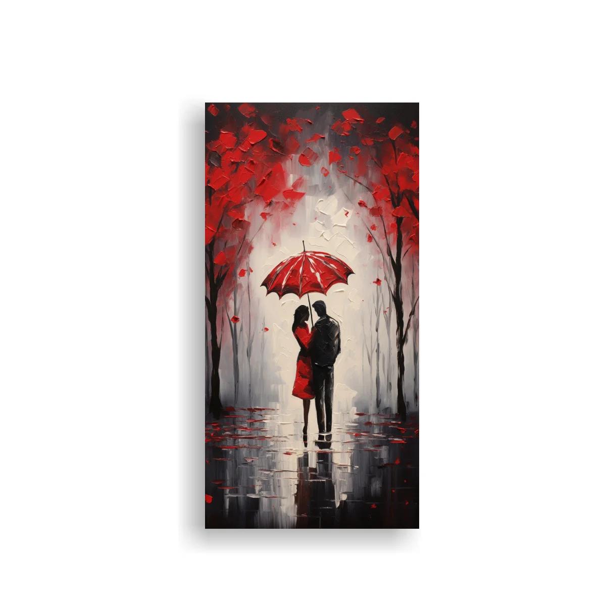 Cuadro pareja bajo un paraguas rojo con reflejo en el suelo