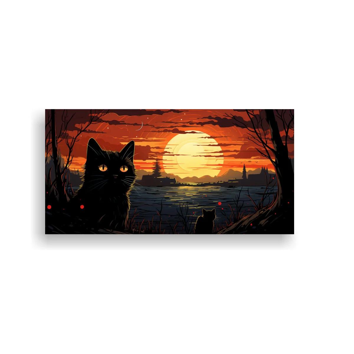 Cuadro gato negro ante la luna sobre el agua