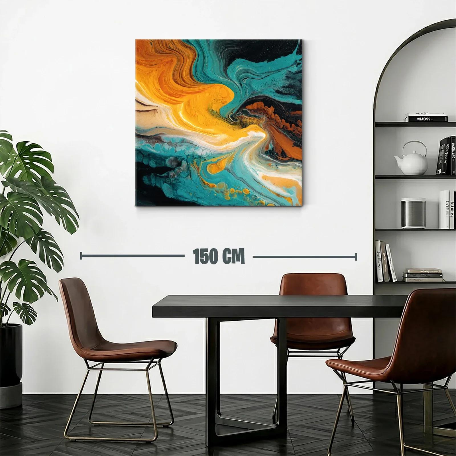 Cuadro abstracto con tonos turquesa y naranja vibrante — miniatura 2