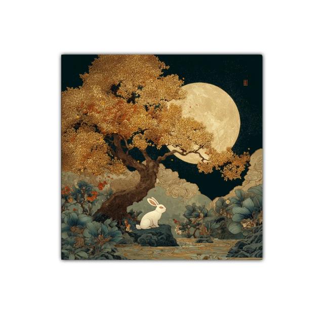Armonía Nocturna con Árbol Dorado y Conejo Blanco