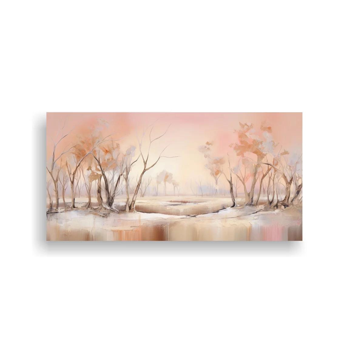 Cuadro paisaje de árboles junto al agua en tonos rosados