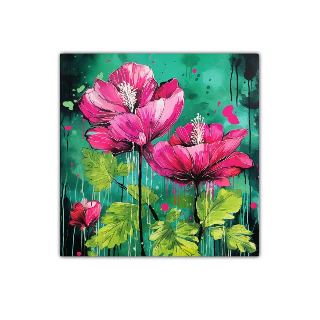 Cuadro vibrante con flores fucsias sobre fondo verde intenso