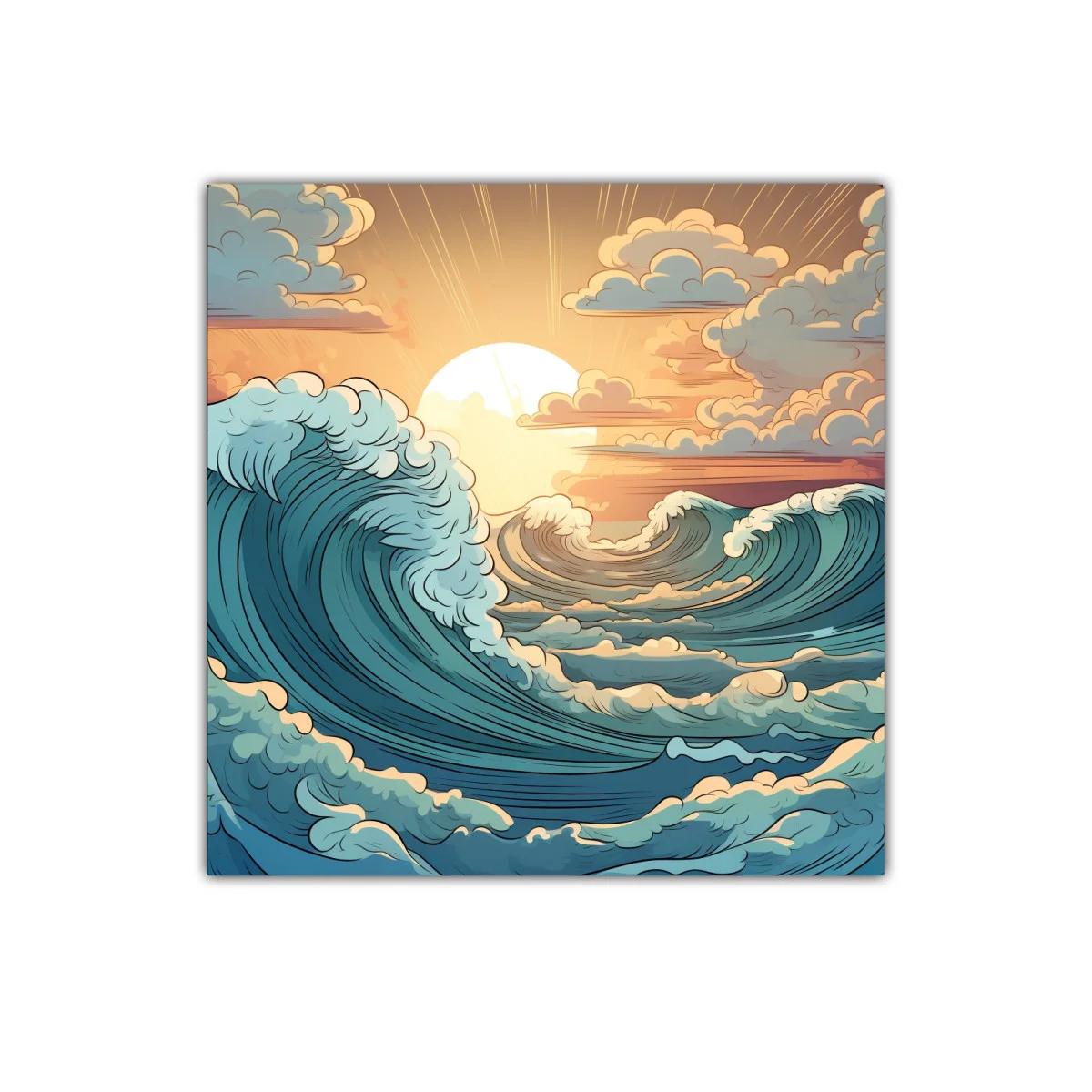 Atardecer sobre olas dinámicas en calma y movimiento