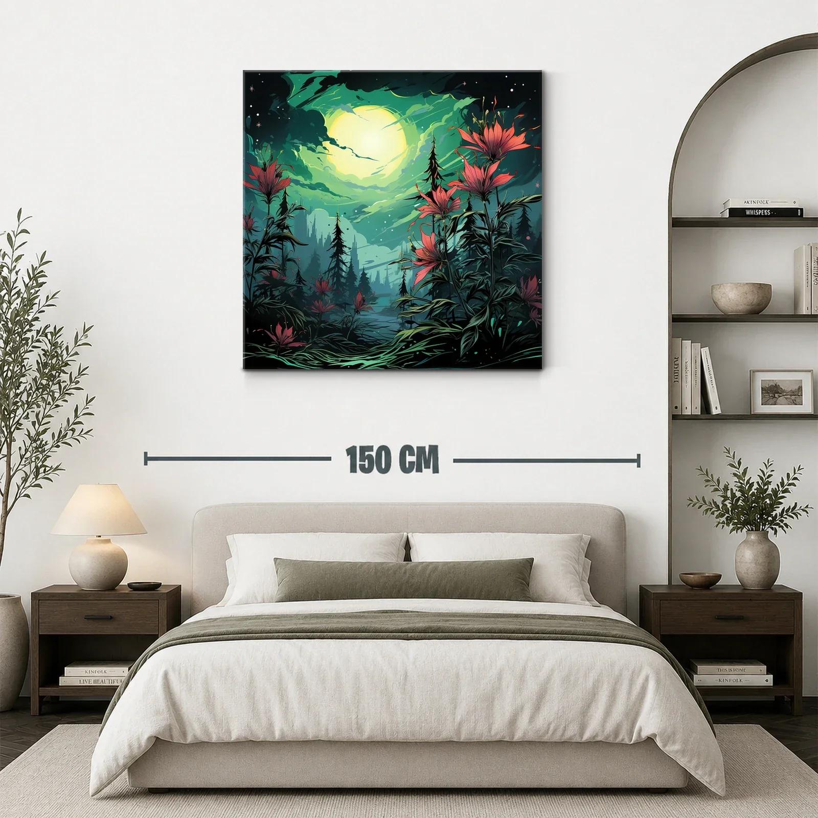 Flores rojas bajo la luna llena en paisaje nocturno encantado — miniatura 3
