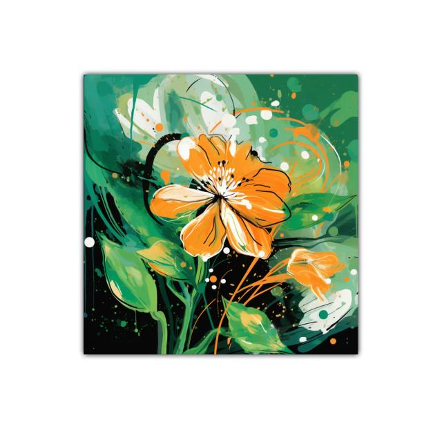 Cuadro colorido con flores naranjas y verdes vibrantes