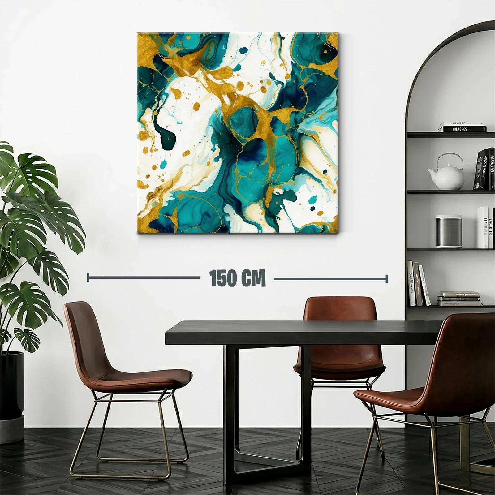 Cuadro abstracto con tonos turquesa y dorados vibrantes — miniatura 2