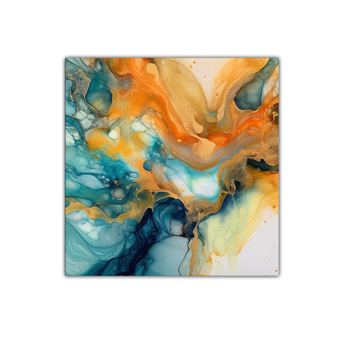 Cuadro abstracto en tonos turquesa y dorado vibrante — imagen principal