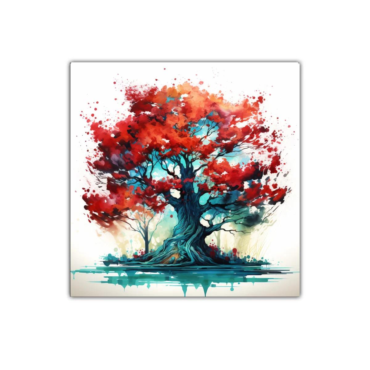 Impactante cuadro árbol con hojas rojas y tonos vibrantes — imagen principal