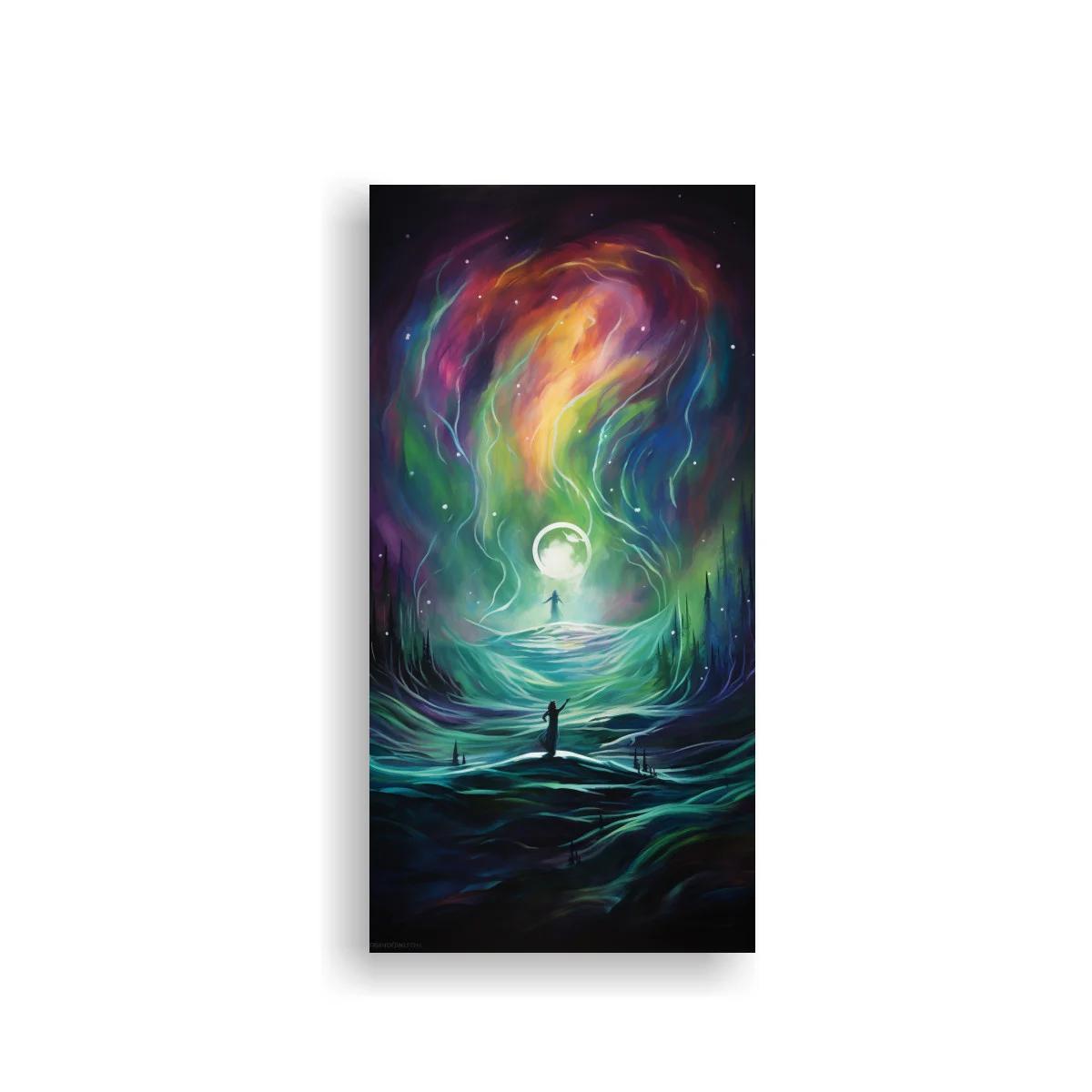 Cuadro luna sobre mar surrealista con remolino de luz