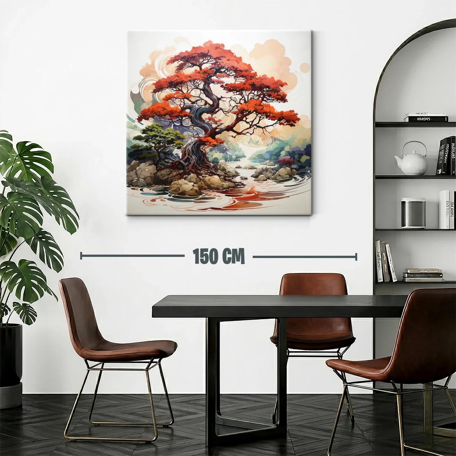 Árbol rojo sobre río con rocas y paisaje sereno — miniatura 2