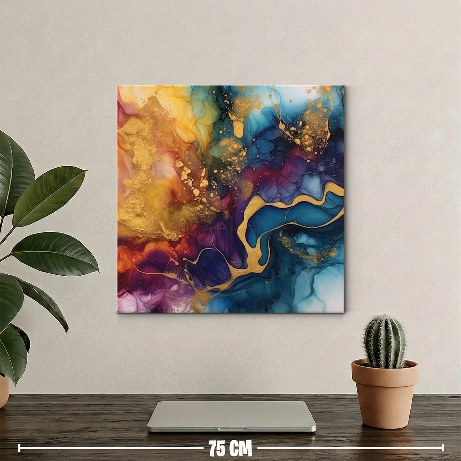 Cuadro abstracto con tonos dorados y azulados vibrantes — miniatura 2