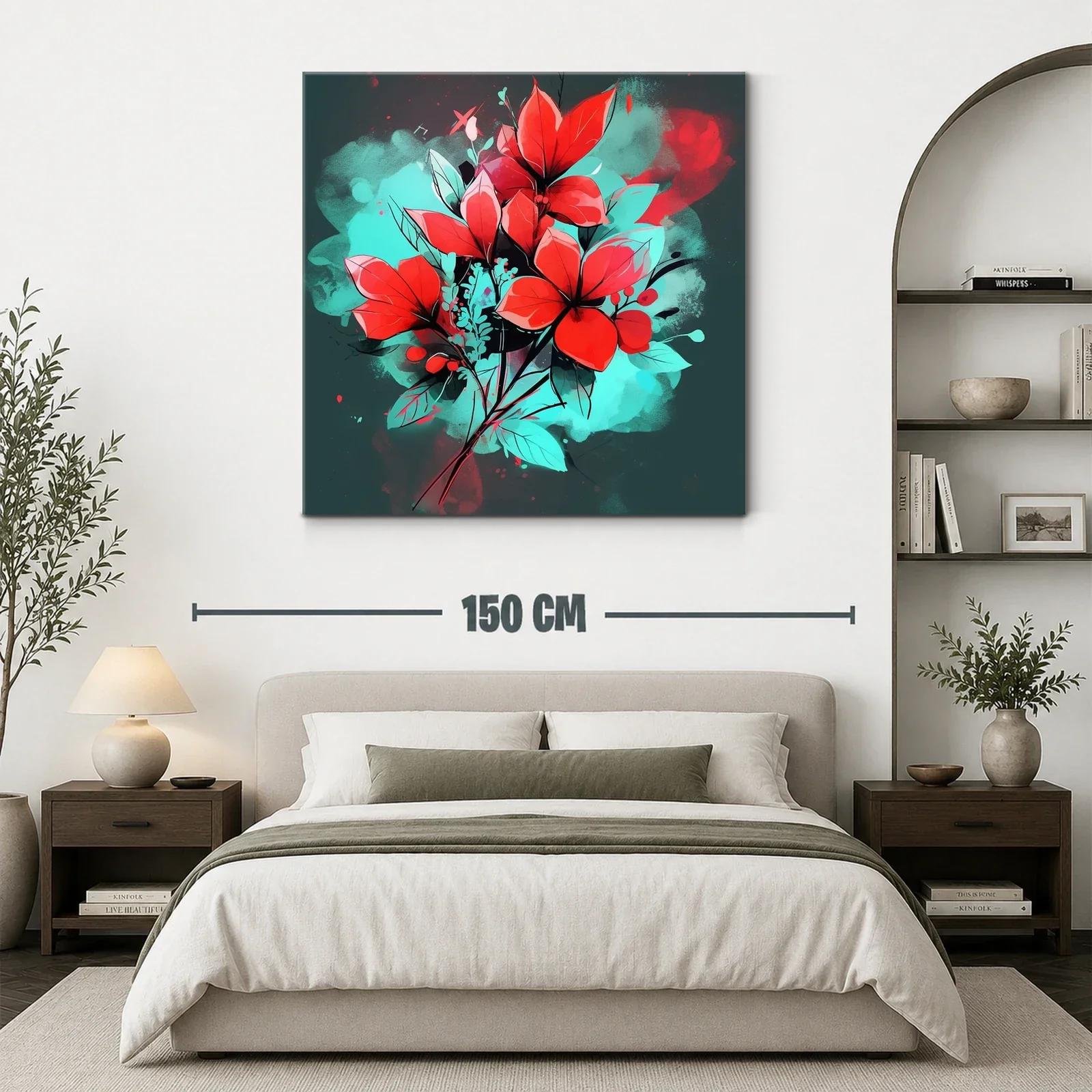 Cuadro floral vibrante con contraste rojo y turquesa — miniatura 3