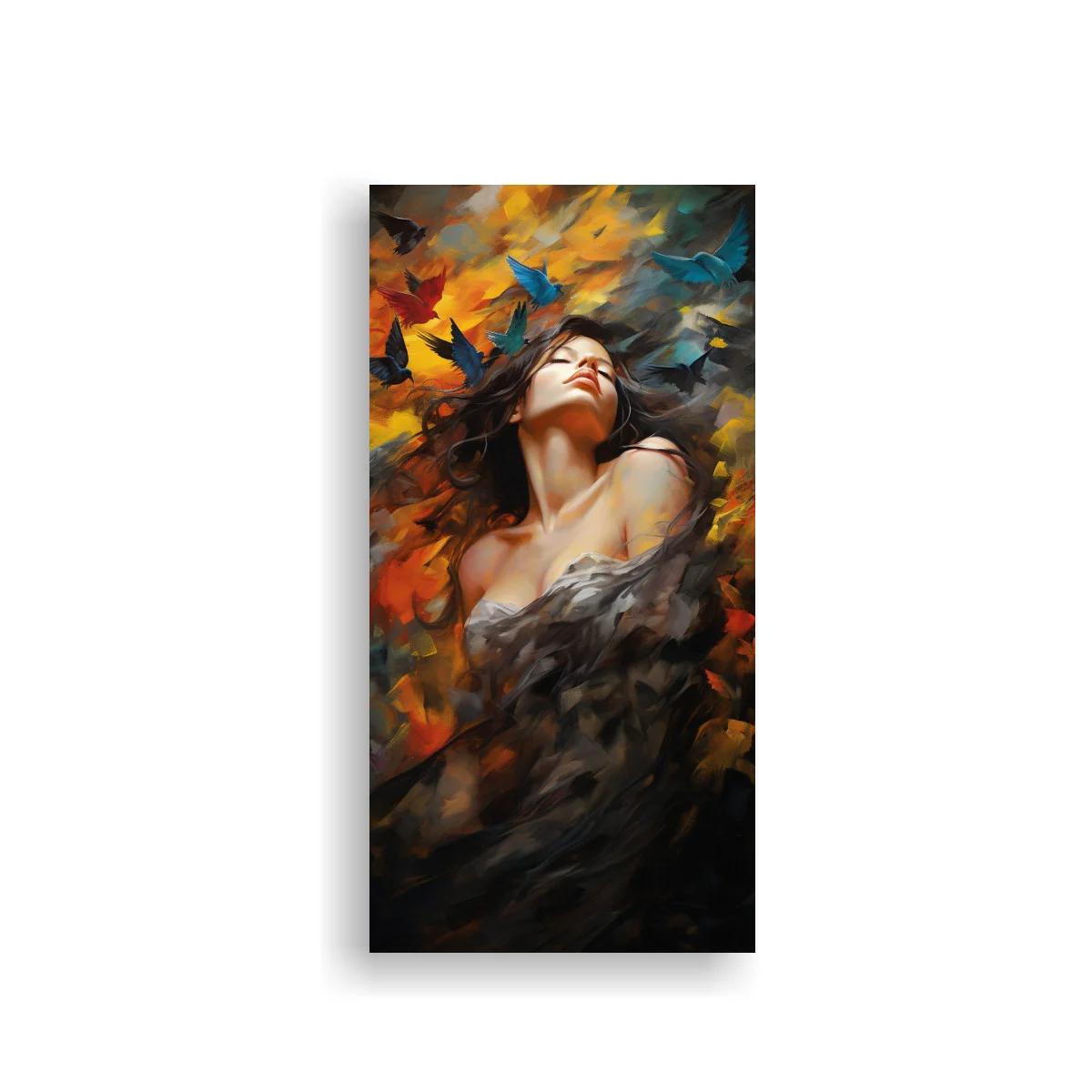 Cuadro mujer de cabello oscuro con mariposas azules — imagen principal