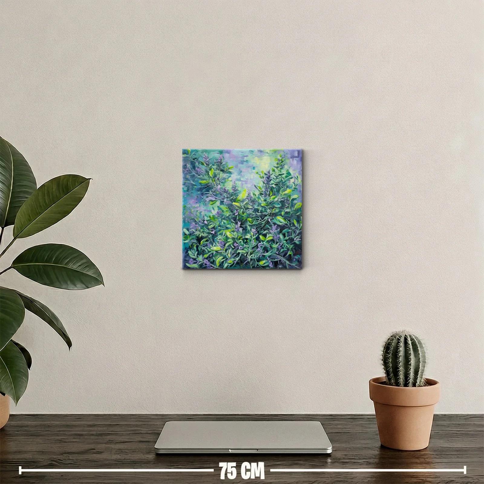 Cuadro decorativo con follaje y flores en tonos verdes y lilas — miniatura 2