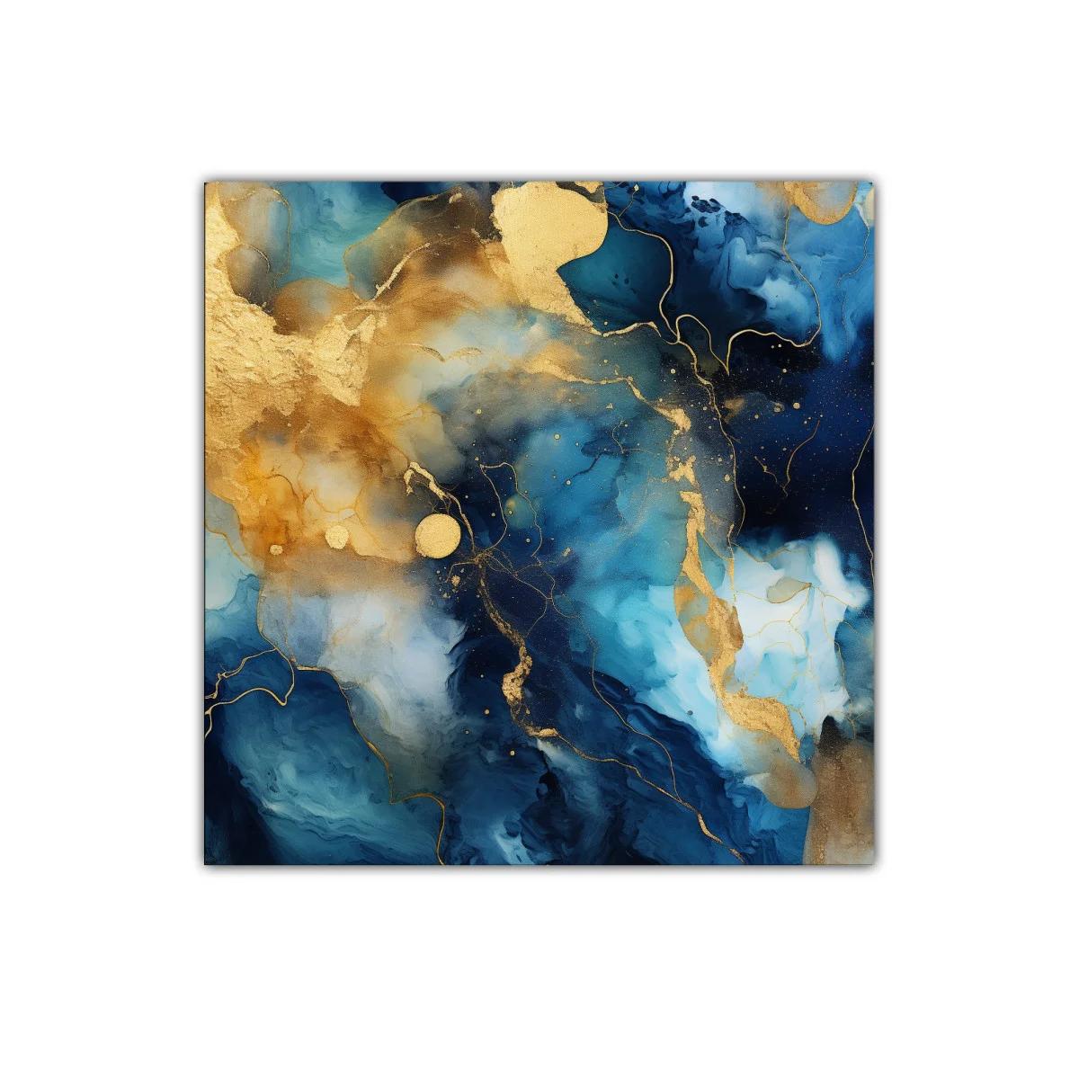Cuadro abstracto en tonos azules y dorados con textura fluida