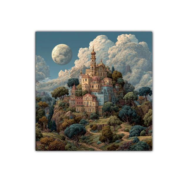 Paisaje de ciudad antigua en colina bajo la luna llena