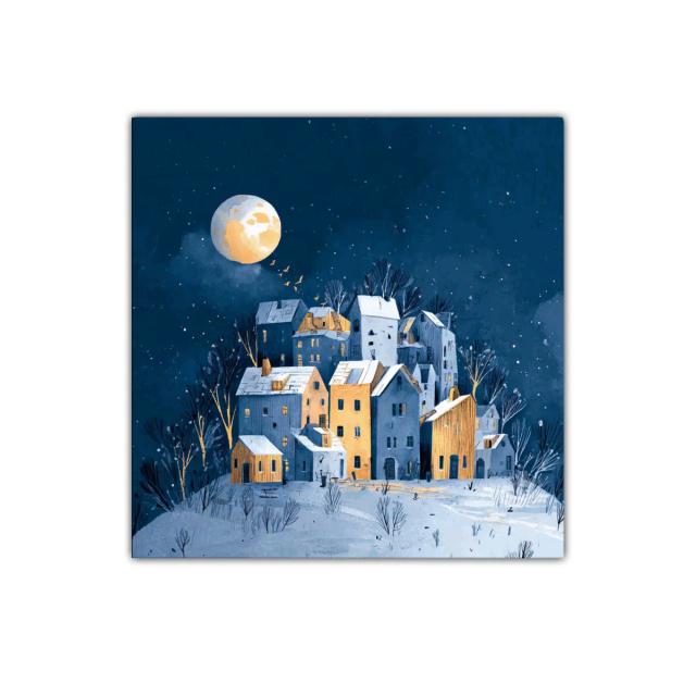 Paisaje nocturno con casas iluminadas y luna llena