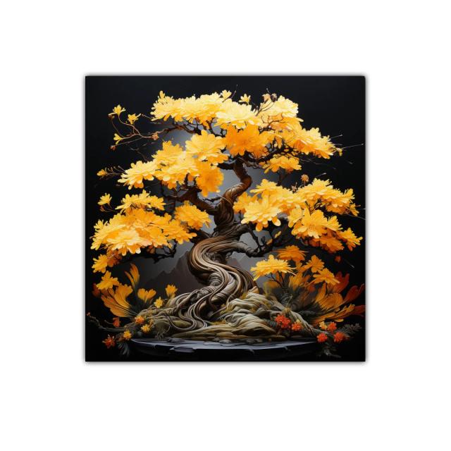 Árbol con flores doradas sobre fondo oscuro vibrante