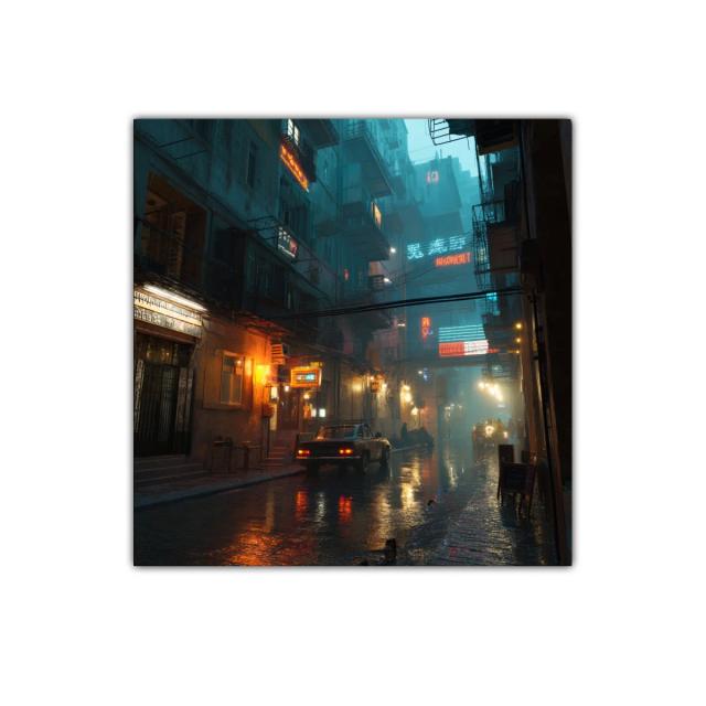 Atardecer urbano con luces de neón en calle lluviosa