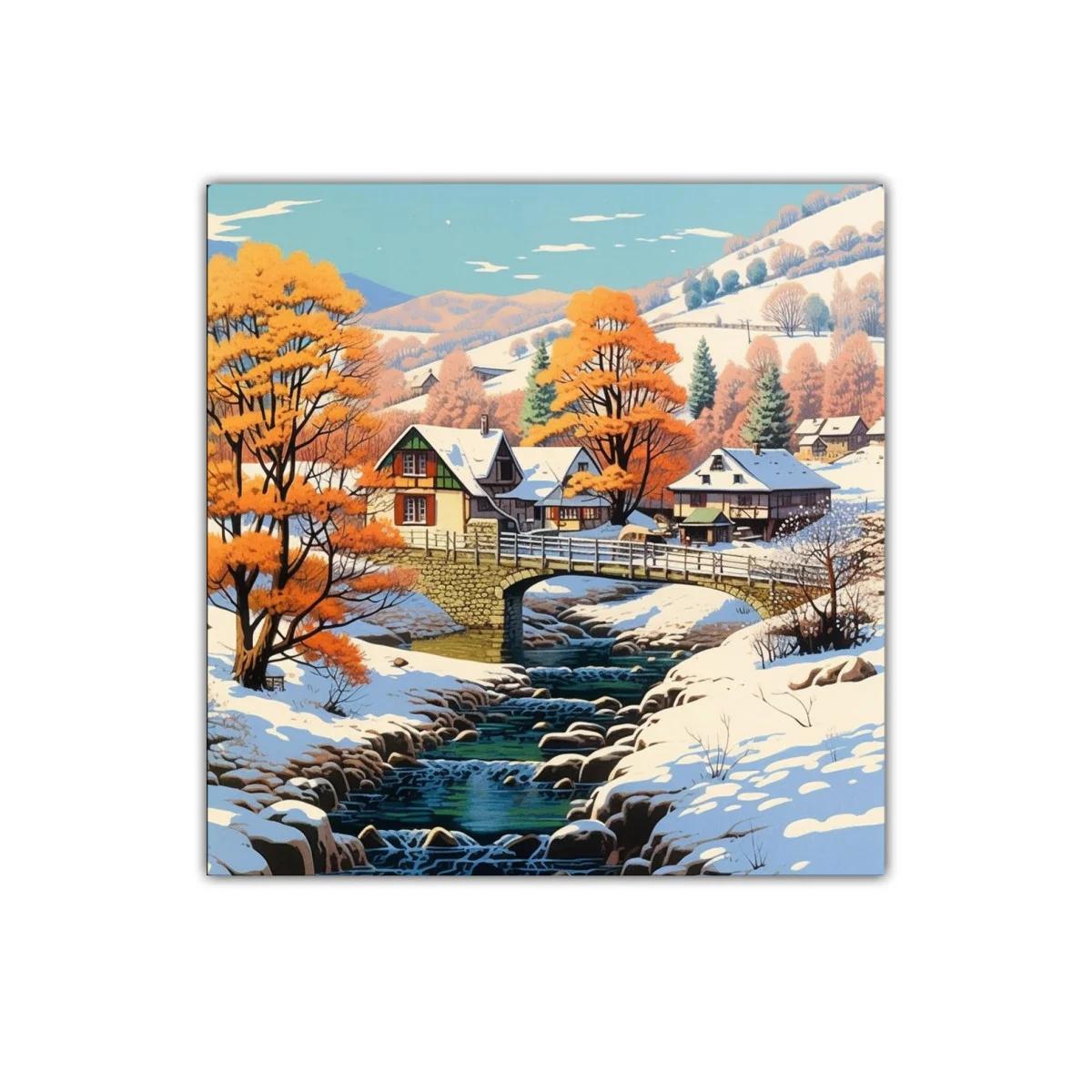 Paisaje invernal con río y árboles en tonos cálidos — miniatura 1