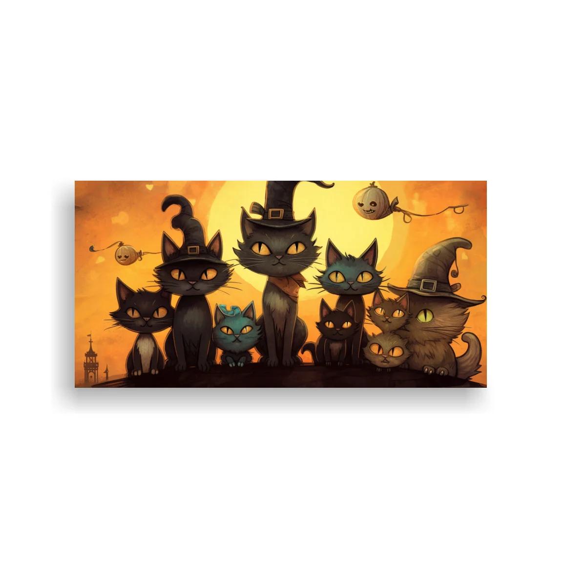 Cuadro gatos negros con sombreros de bruja y luna circular