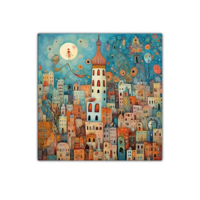 Ciudad encantada con torre y cielo onírico azul
