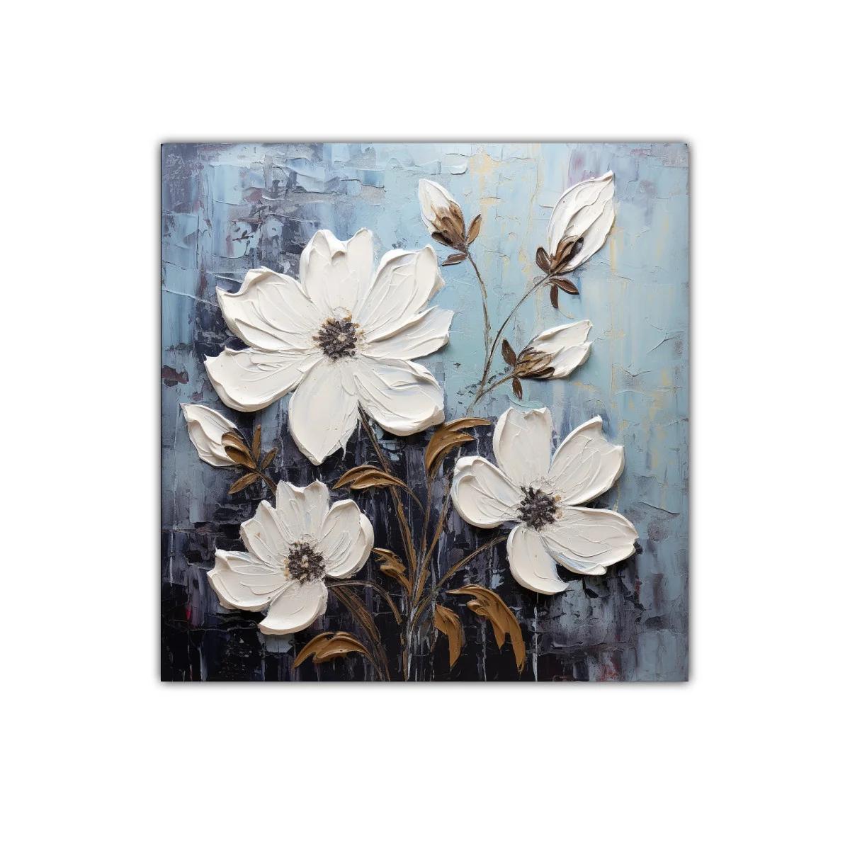 Cuadro decorativo con flores blancas y fondo azul grisáceo