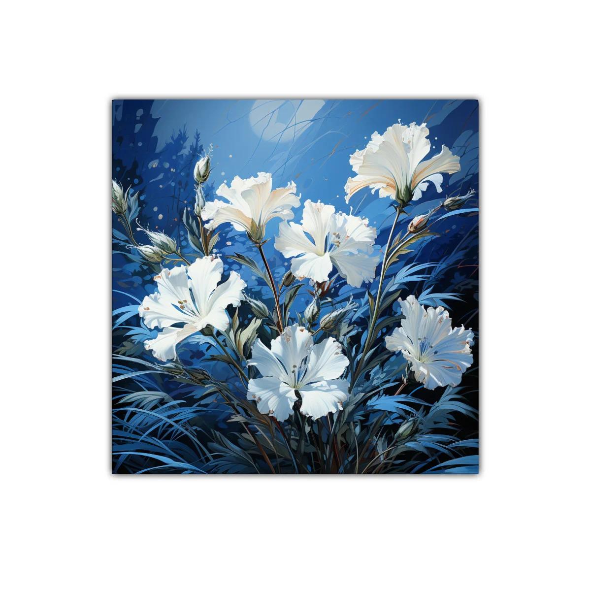 Cuadro con delicadas flores blancas sobre fondo azul — imagen principal