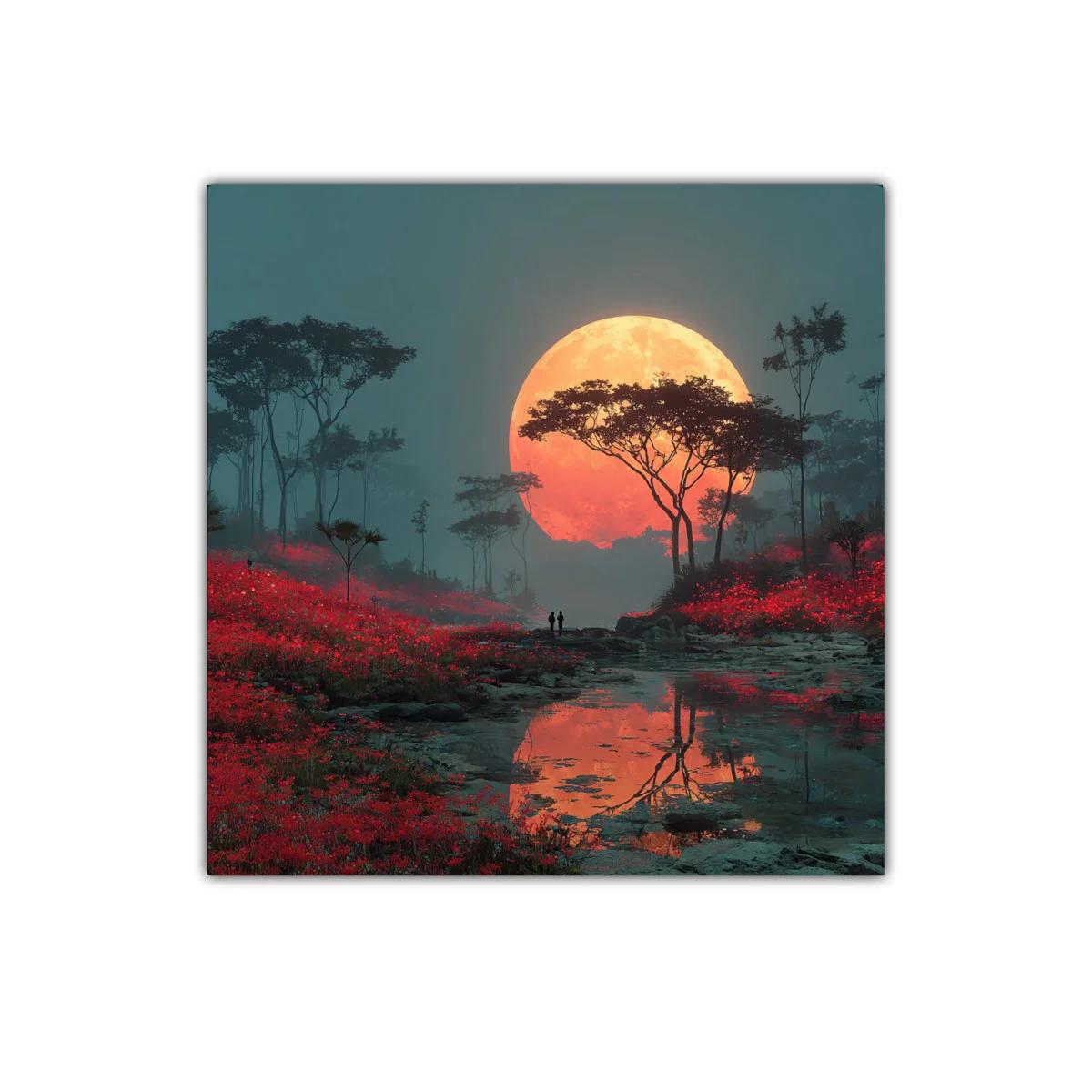 Paisaje nocturno con luna llena y campo rojo vibrante — imagen principal