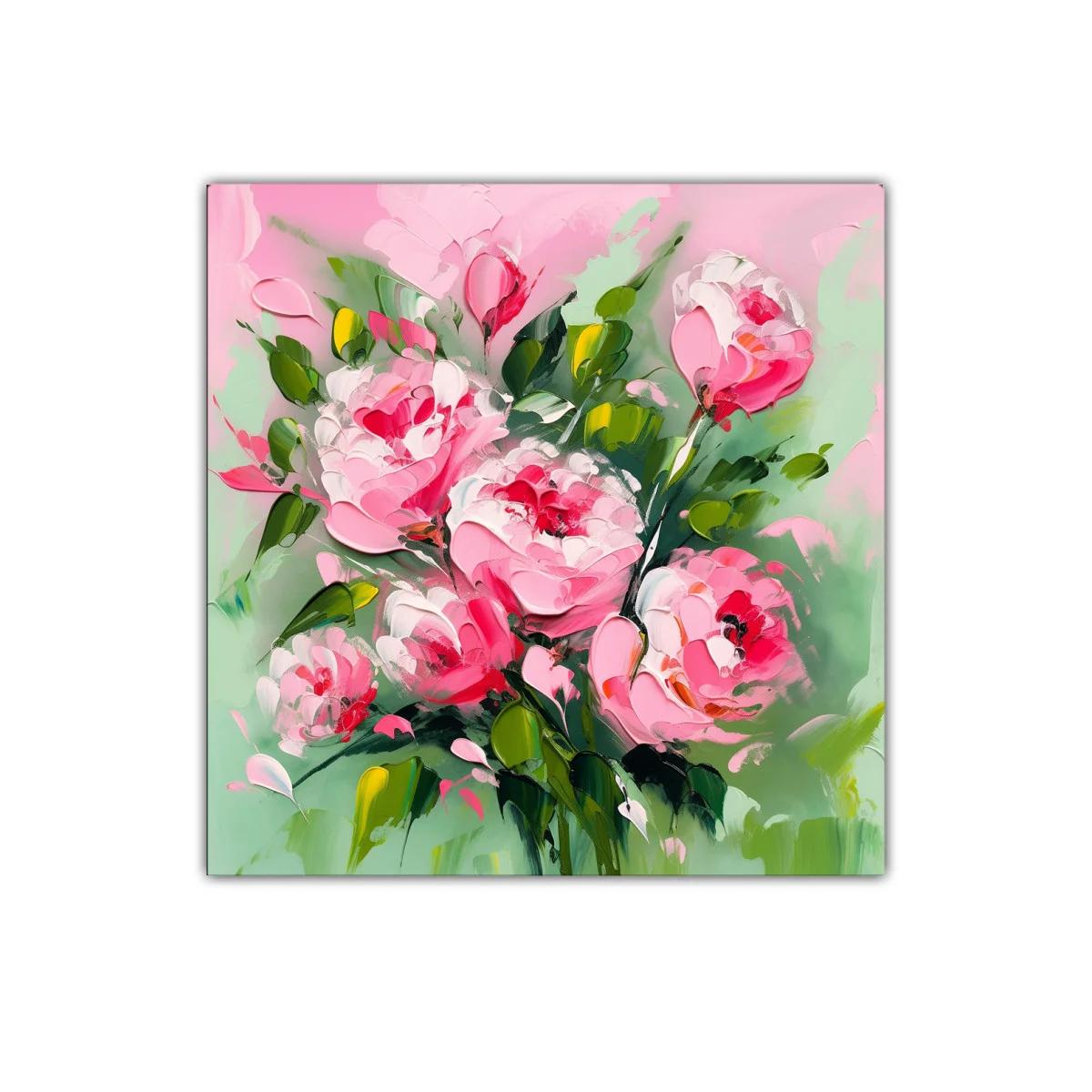 Cuadro decorativo con flores rosas y hojas verdes vibrantes — imagen principal