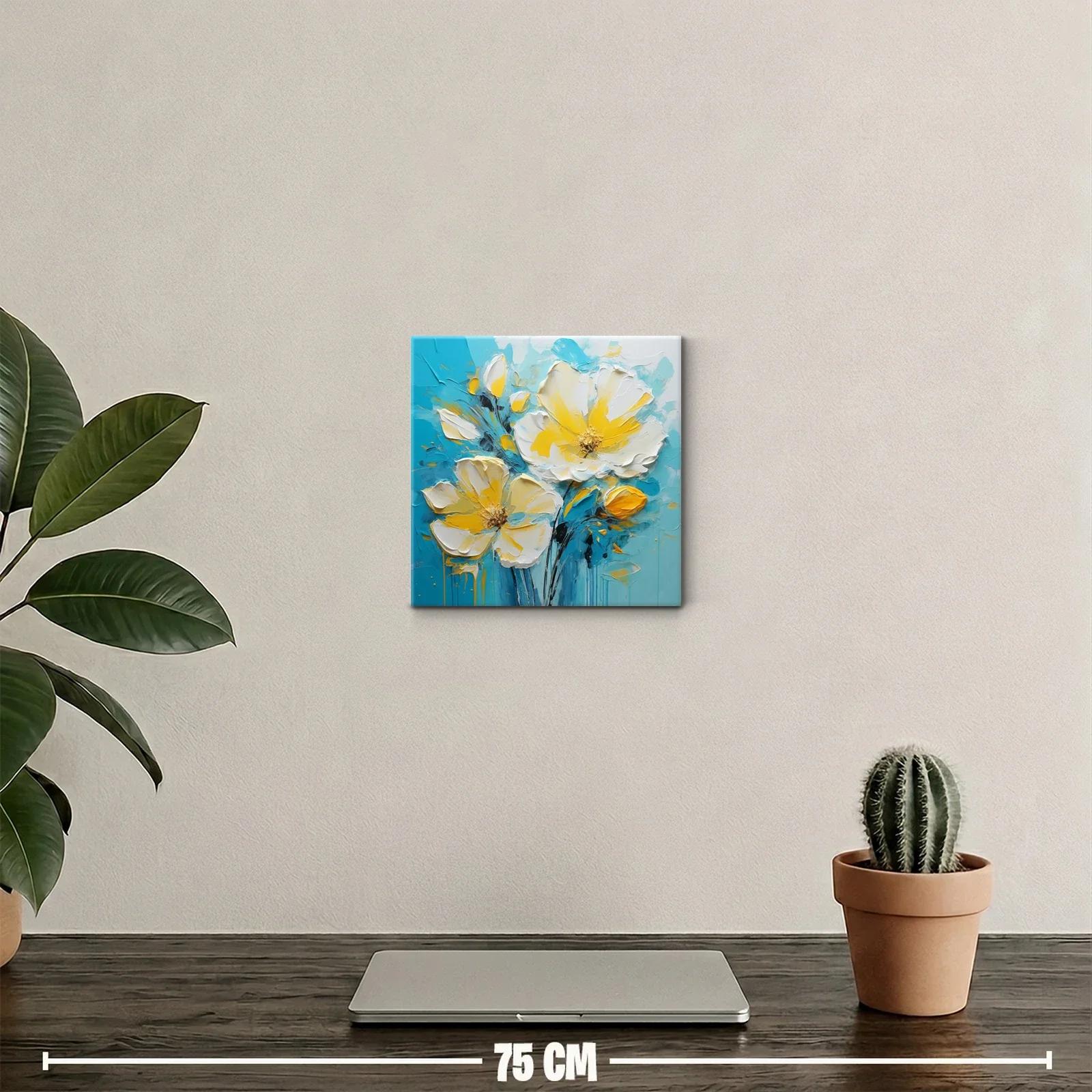 Cuadro floral en tonos amarillos y azul turquesa vibrante — miniatura 2