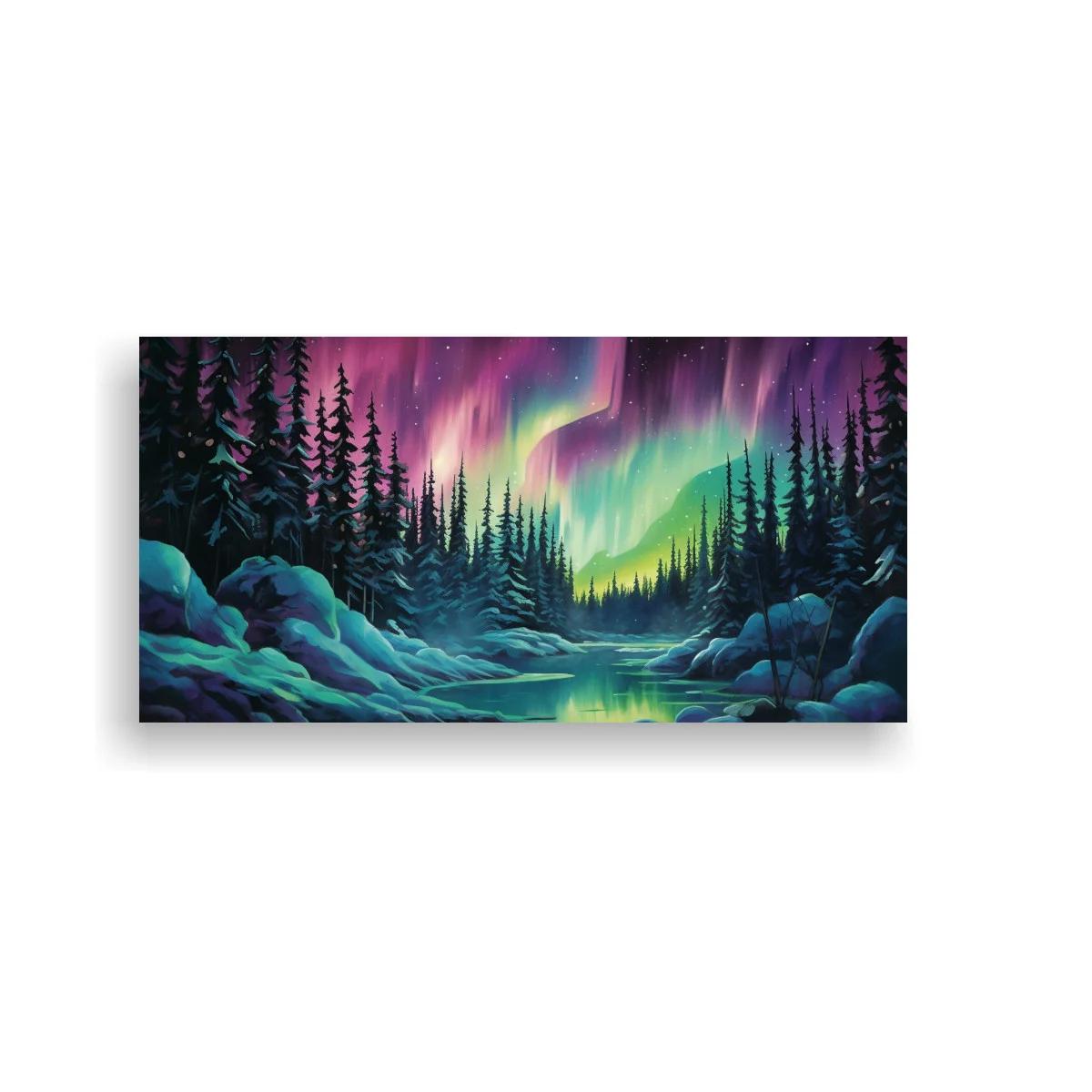Cuadro aurora boreal sobre bosque nevado con reflejo en agua helada