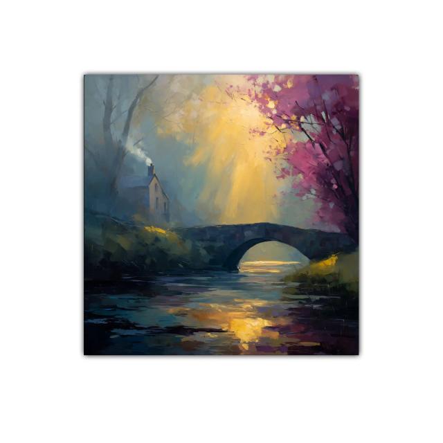 Paisaje de puente y río con luz dorada y árbol en flor