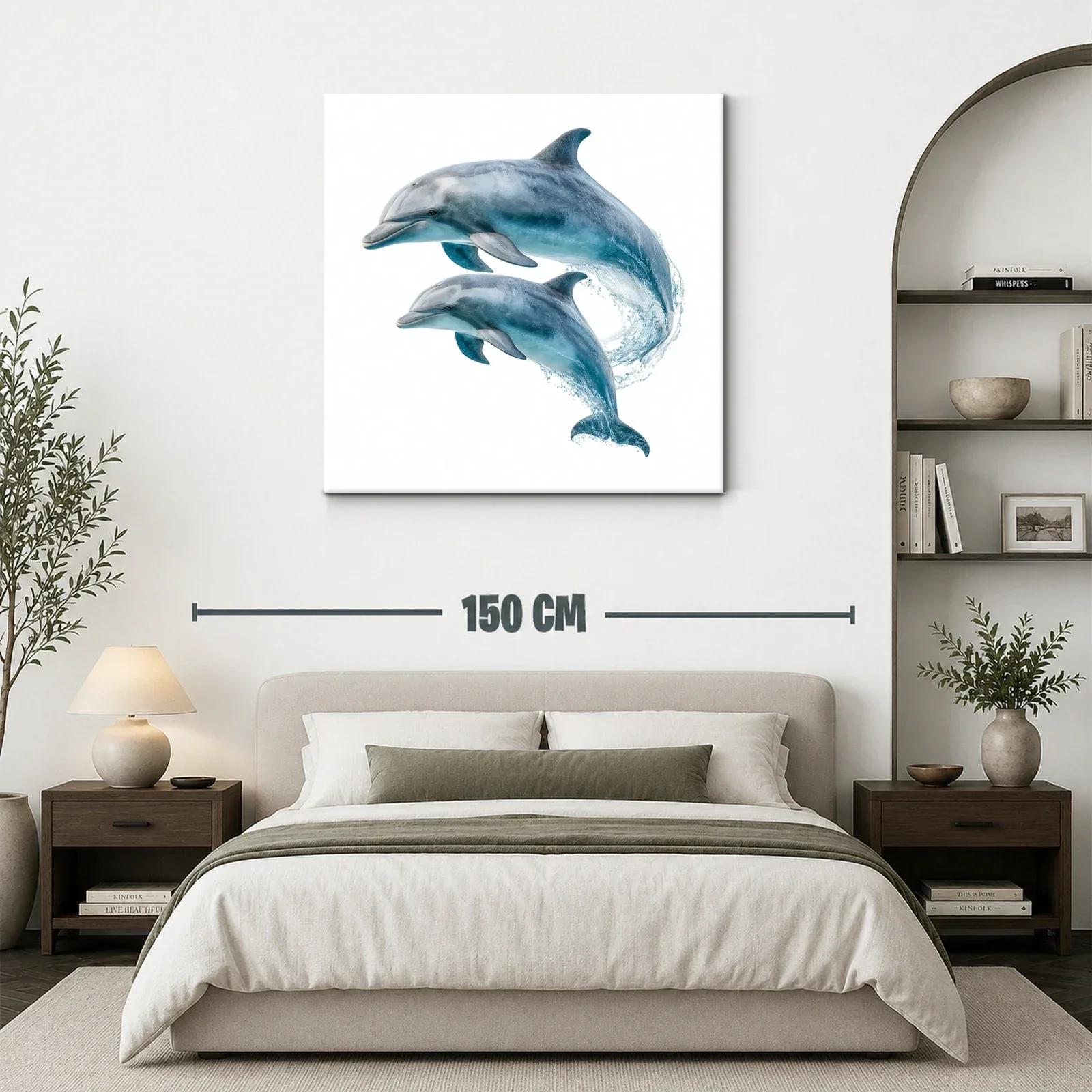 Cuadro de delfines saltando en tonos azules y grises — miniatura 3