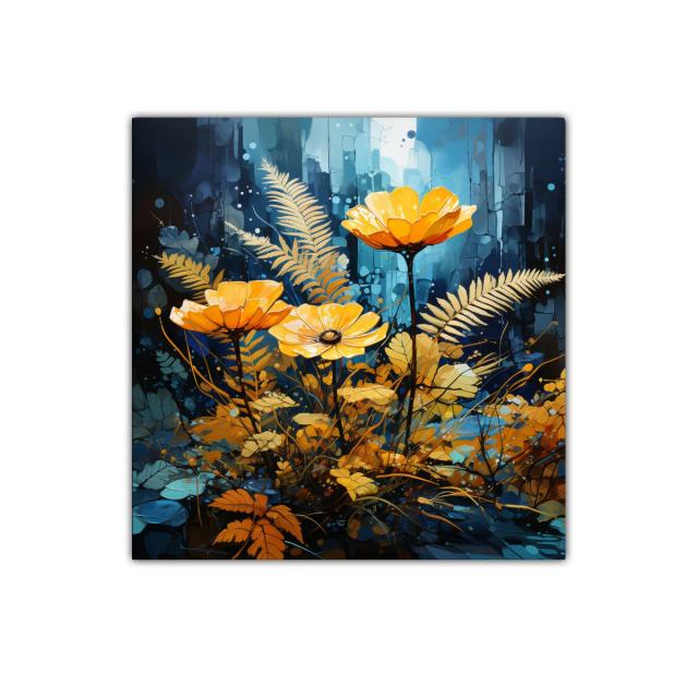 Flores doradas vibrantes entre follaje en azul profundo